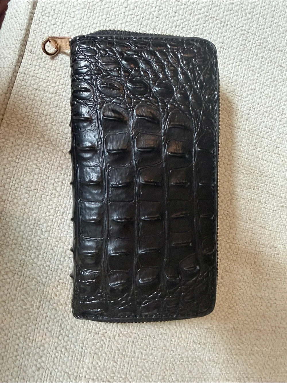 Brahmin Black Croc-Embossed Leather Zip Wallet with Gold Hardware